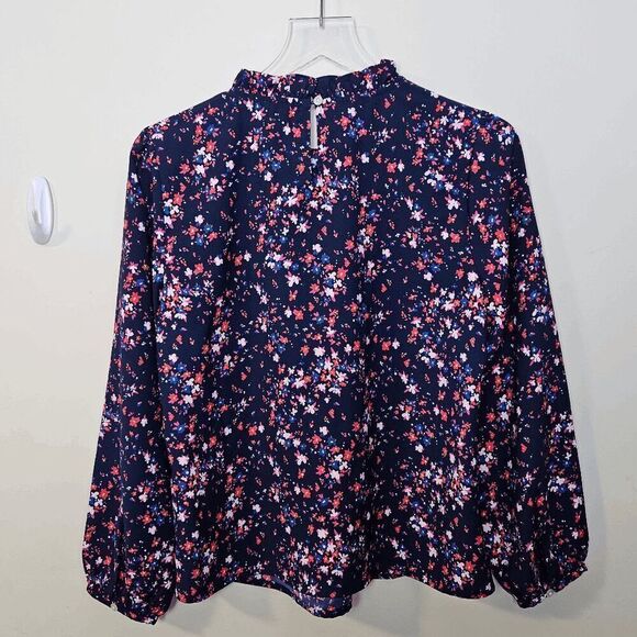 J. Crew Classic-fit collarless puff-sleeve  Long Sleeve Ruffleneck Floral Top Bl - Picture 5 of 5